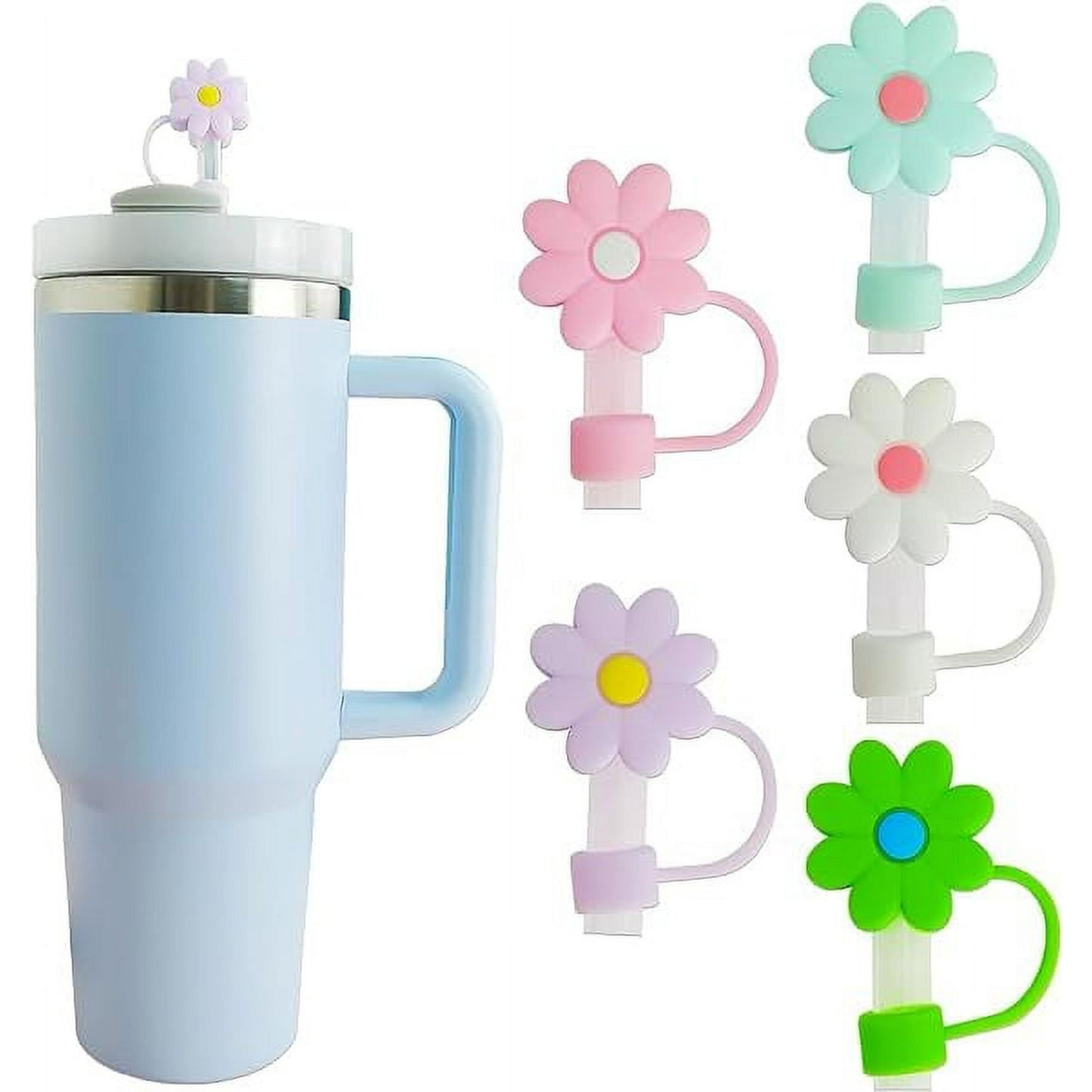 10mm Cute Flower Straw Toppers for Tumblers, Silicone Straw Covers Cap Compatible with Stanley 30&40 Oz Cup, Dust-Proof Drinking Straw Caps for Reusable Straws Tips Lids 5 PCS