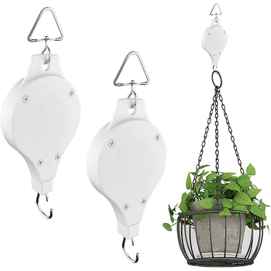 2 Pack Plant Pulley Retractable Pulley Plant Hanger,Adjustable Plant Pulley Hanger,Adjustable Hanging Flower Basket Hook Hanger for Garden Hanging White