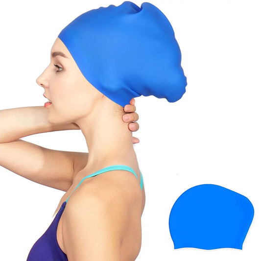 Women Silicone Swimming Cap, High Elasticity Thick Swim Hats for Long Hair, Bathing Swimming Caps for Women and Men Keep Your Hair Dry, Easy to Put On and Off - Blue