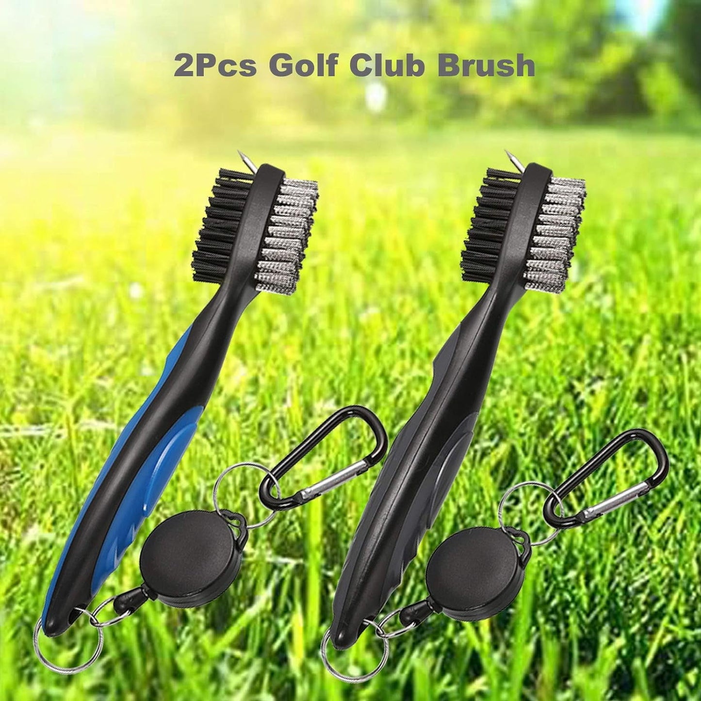 2 Golf Club Brush Groove Cleaner with 2 Ft Retractable Zip-line and Aluminum Carabiner Cleaning Tools